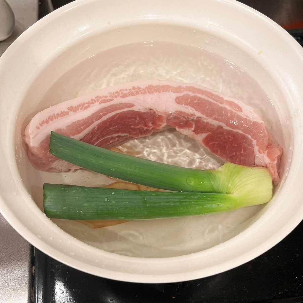Vino da cucina versato in una pentola con pancetta, cipollotto e zenzero.