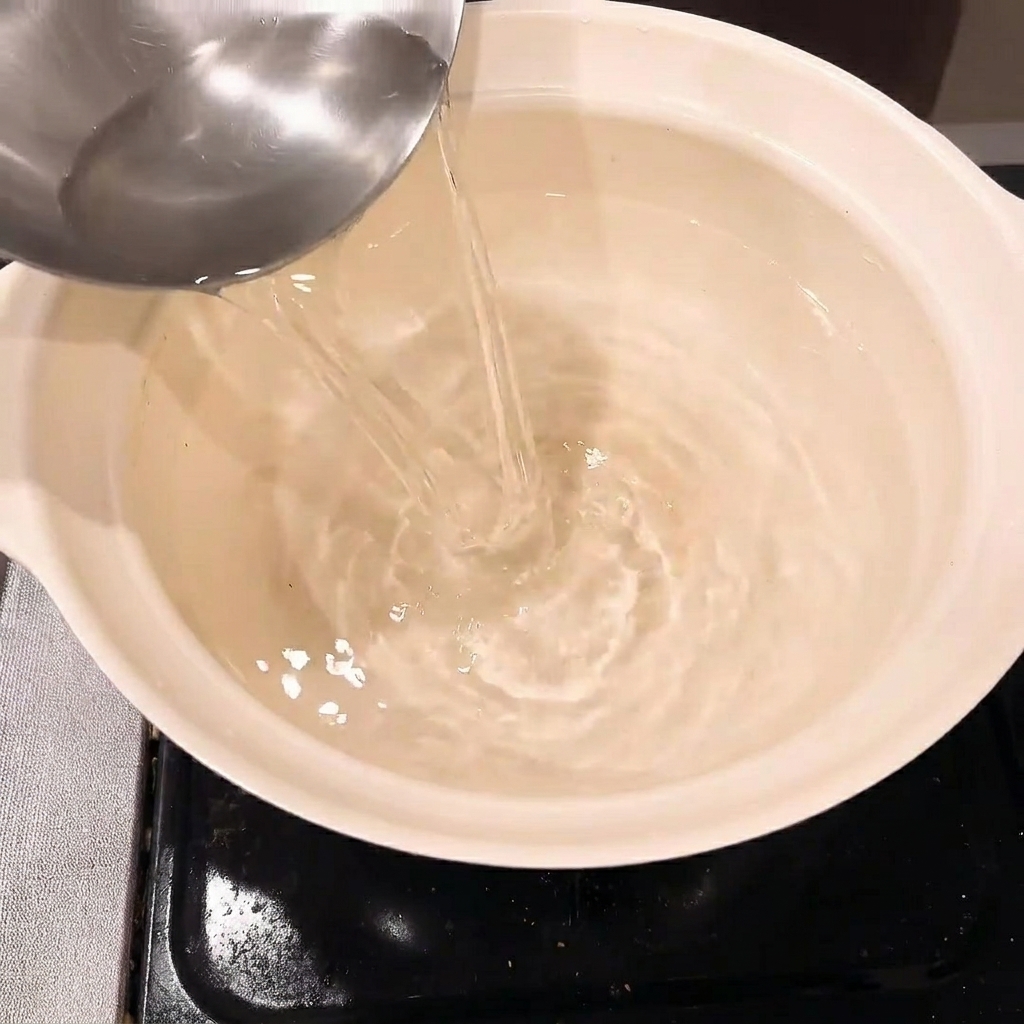 Ingredienti per la salsa, incluso miso e salsa di soia, mescolati in una pentola.