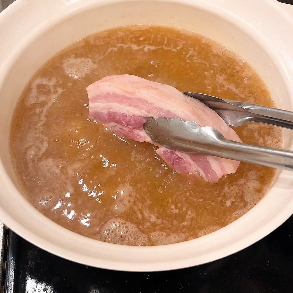 Pinze che posizionano pezzi di pancetta sbollentata in una pentola con salsa bruna.