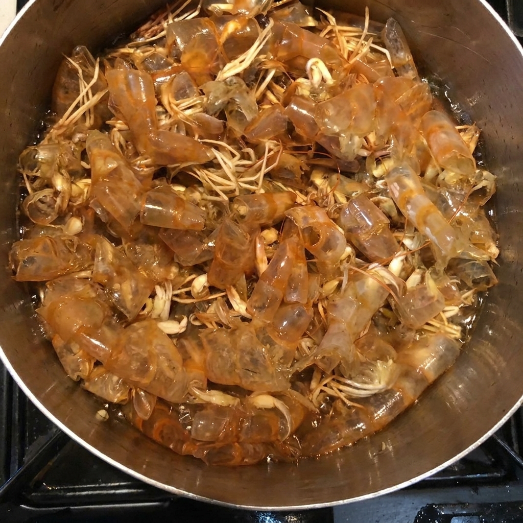 La pentola contenente le teste dei gamberi viene riempita con una miscela di sake, mirin, salsa di soia e zucchero.