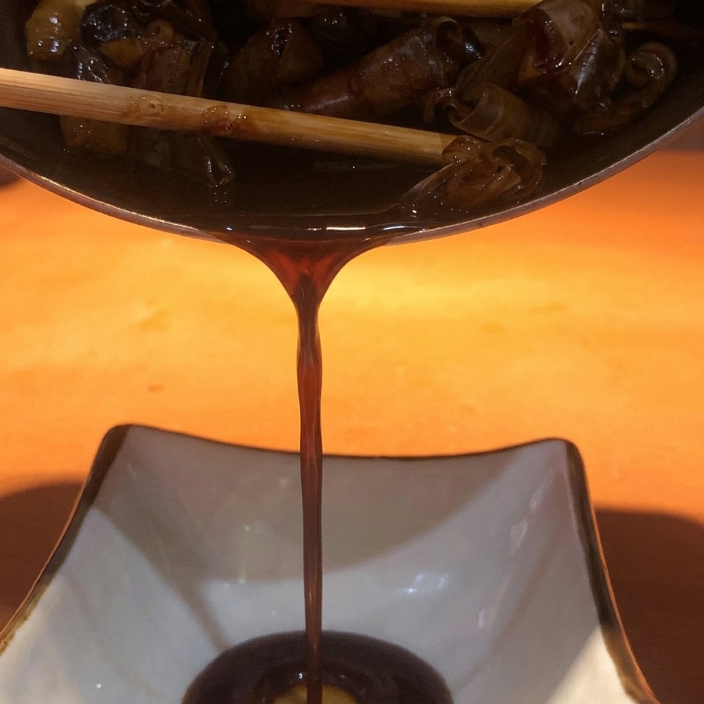 Salsa scura e concentrata versata da una pentola attraverso un colino in una ciotola di ceramica bianca.