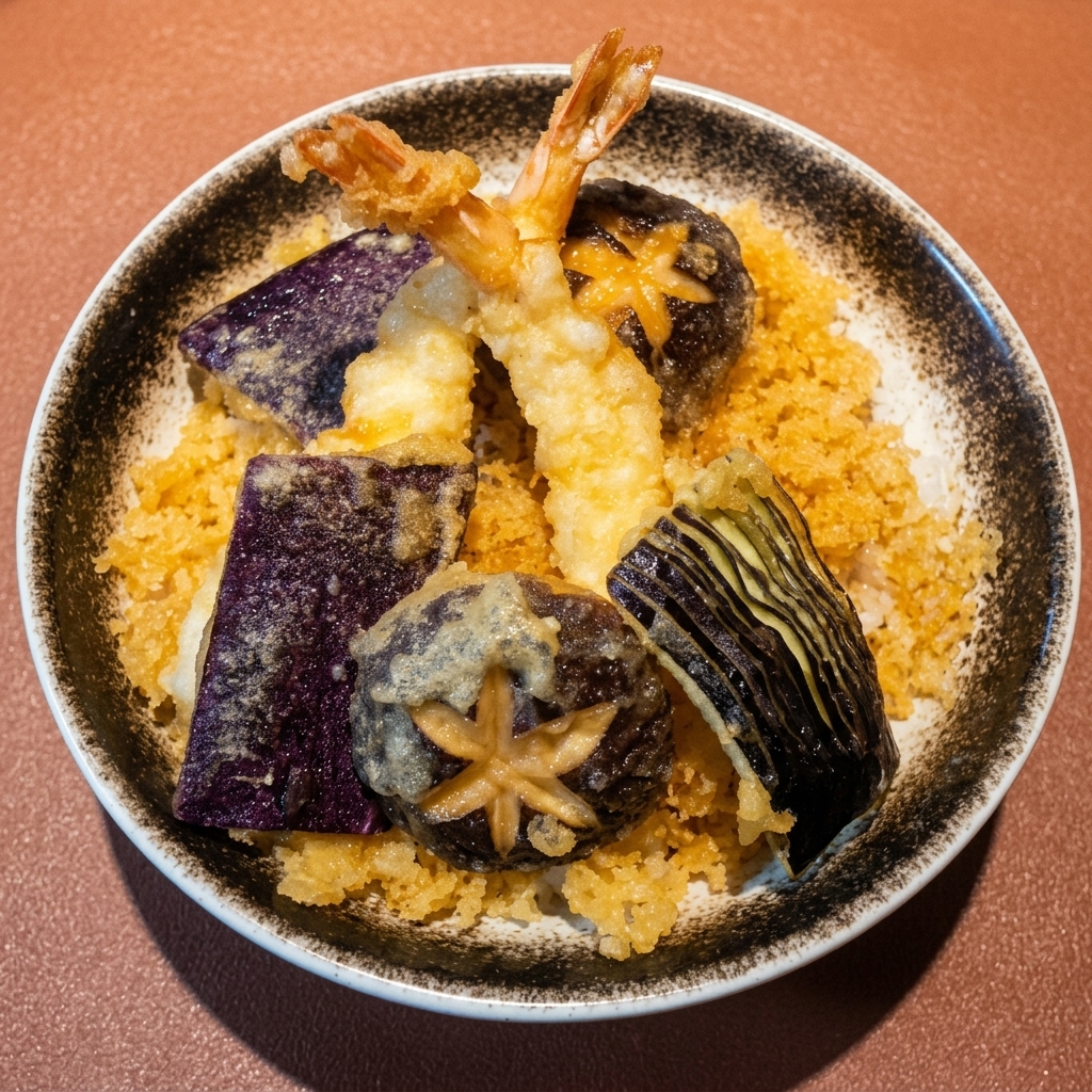 Una bellissima ciotola di Tempura Donburi in stile giapponese con gamberi fritti dorati e melanzane affettate disposte ordinatamente su un letto di riso e frammenti di tempura.