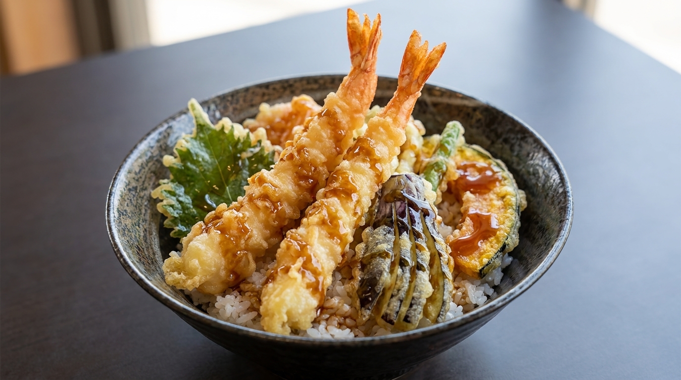 Una ciotola di tempura donburi di gamberi con gamberi fritti croccanti e verdure in tempura serviti su riso, conditi con una glassa agrodolce.