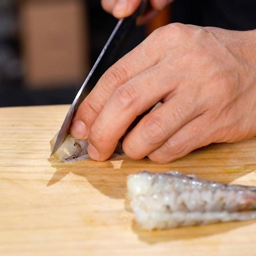 Un coltello che pratica tagli diagonali sul lato inferiore di un gambero crudo.