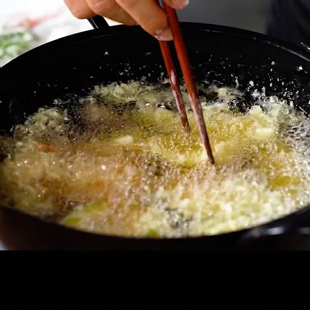 Bacchette di legno che raddrizzano un gambero in una pentola di olio bollente.
