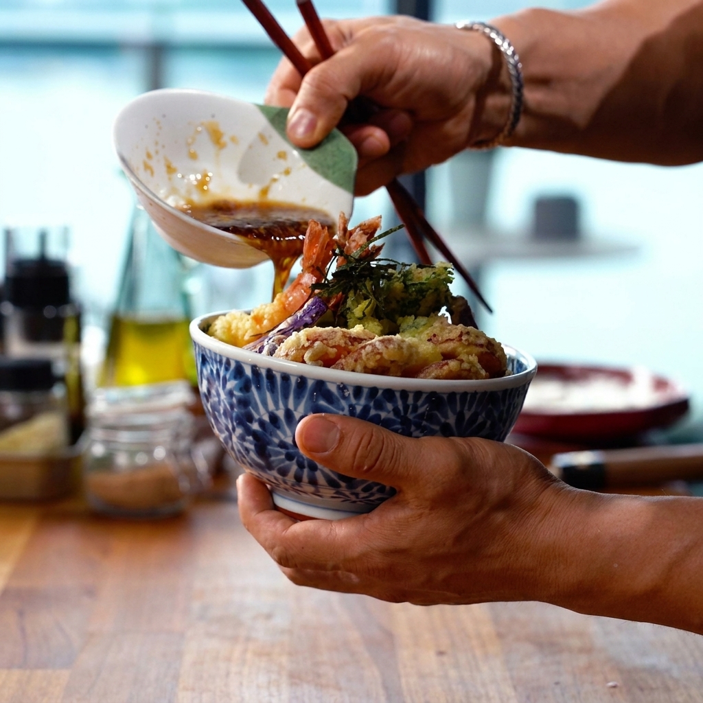 Salsa per tempura calda versata da un mestolo in ceramica su una ciotola di tempura e riso.