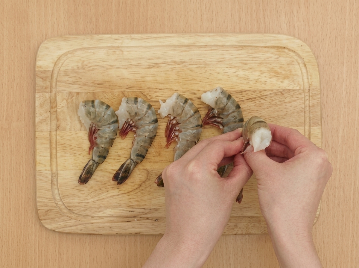 Mani che sgusciano un gambero crudo su un tagliere di legno, lasciando la coda attaccata.