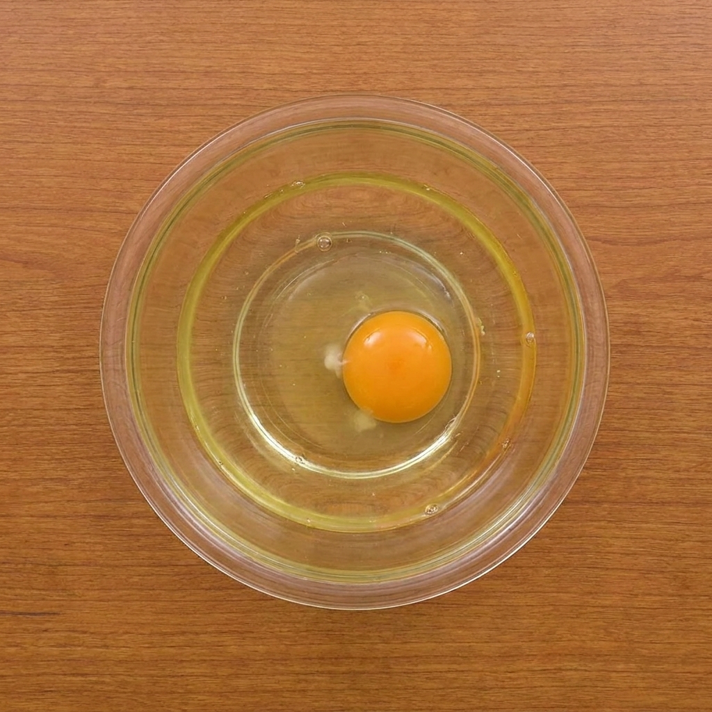 Una ciotola di vetro contenente un uovo e acqua mentre viene sbattuta, con farina e amido aggiunti per creare una pastella liscia.