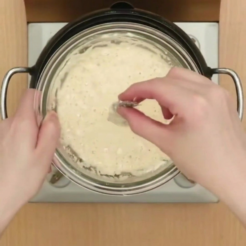 Un gambero immerso in una sottile pastella di tempura prima di essere calato in una pentola di olio bollente.