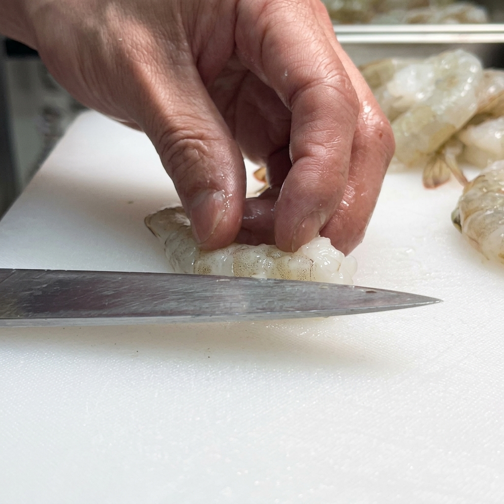Un coltello che incide il dorso di un gambero crudo.