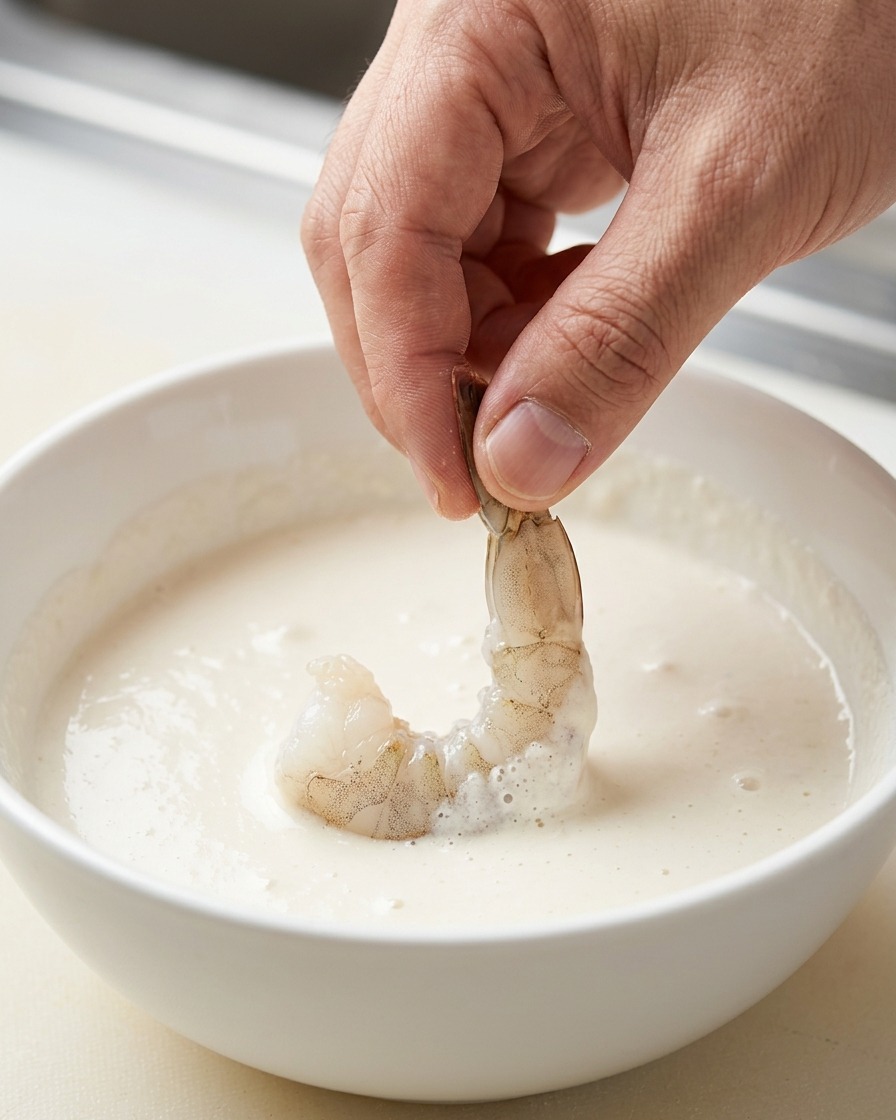 Un gambero immerso in una ciotola di pastella per tempura.