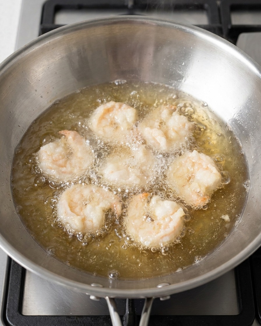 Diversi gamberi in pastella che friggono in olio caldo.