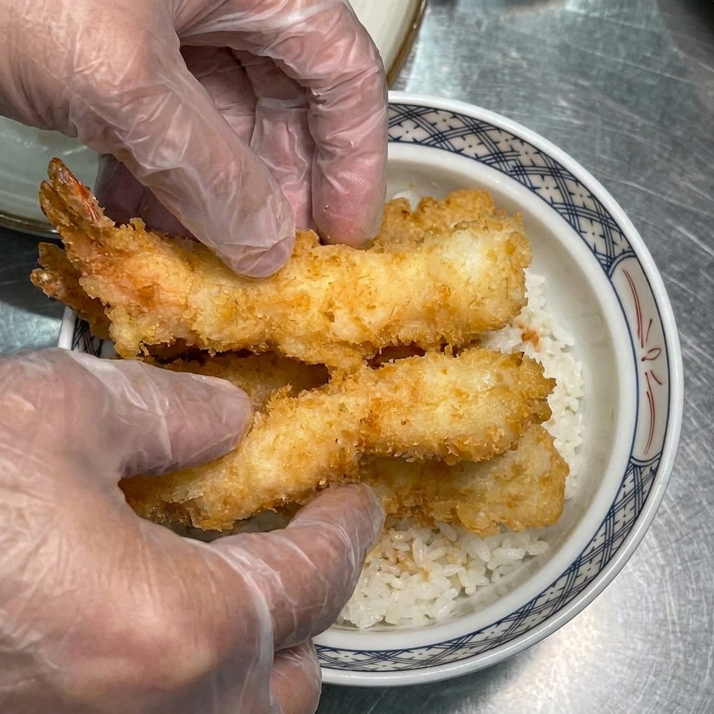 Gamberi tempura disposti sul riso in una ciotola.
