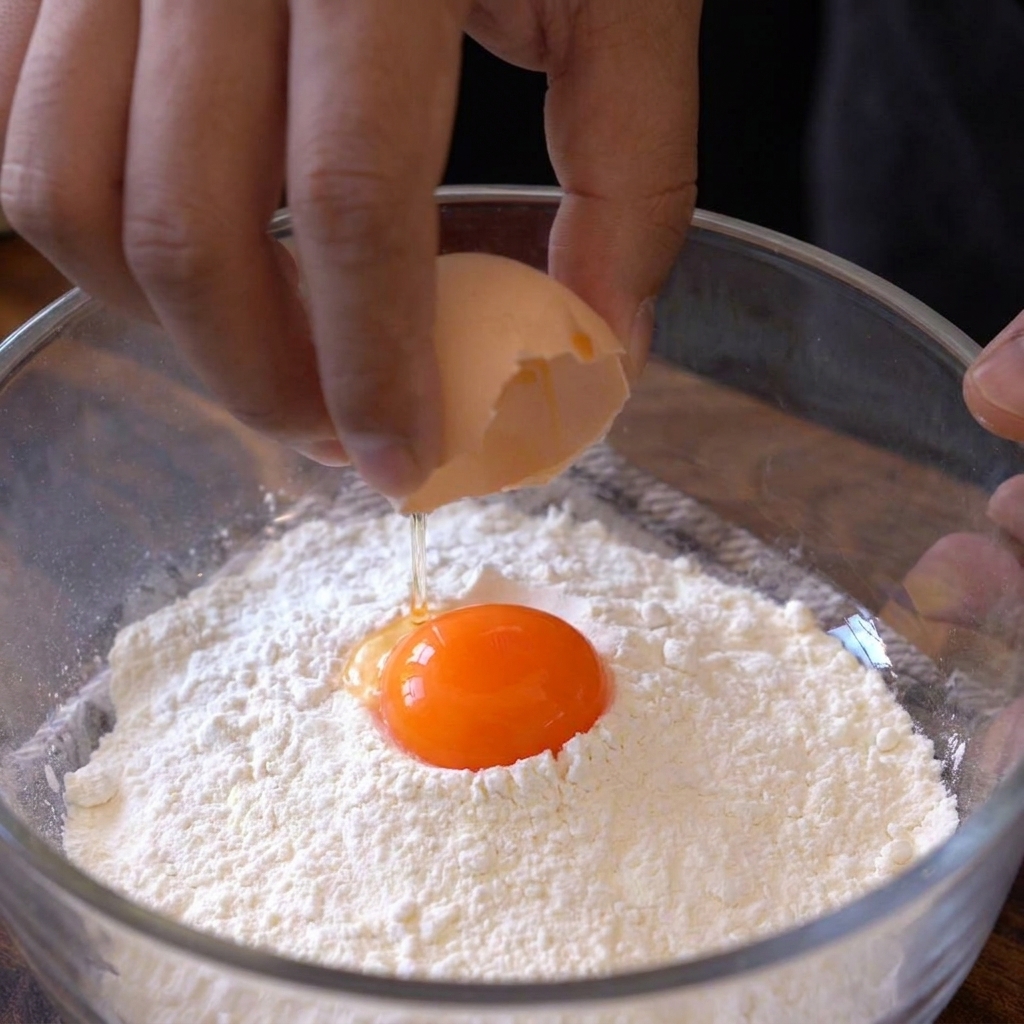 Una ciotola contenente tuorli duovo, farina, amido di mais e acqua, mescolati fino a ottenere una pastella liscia.