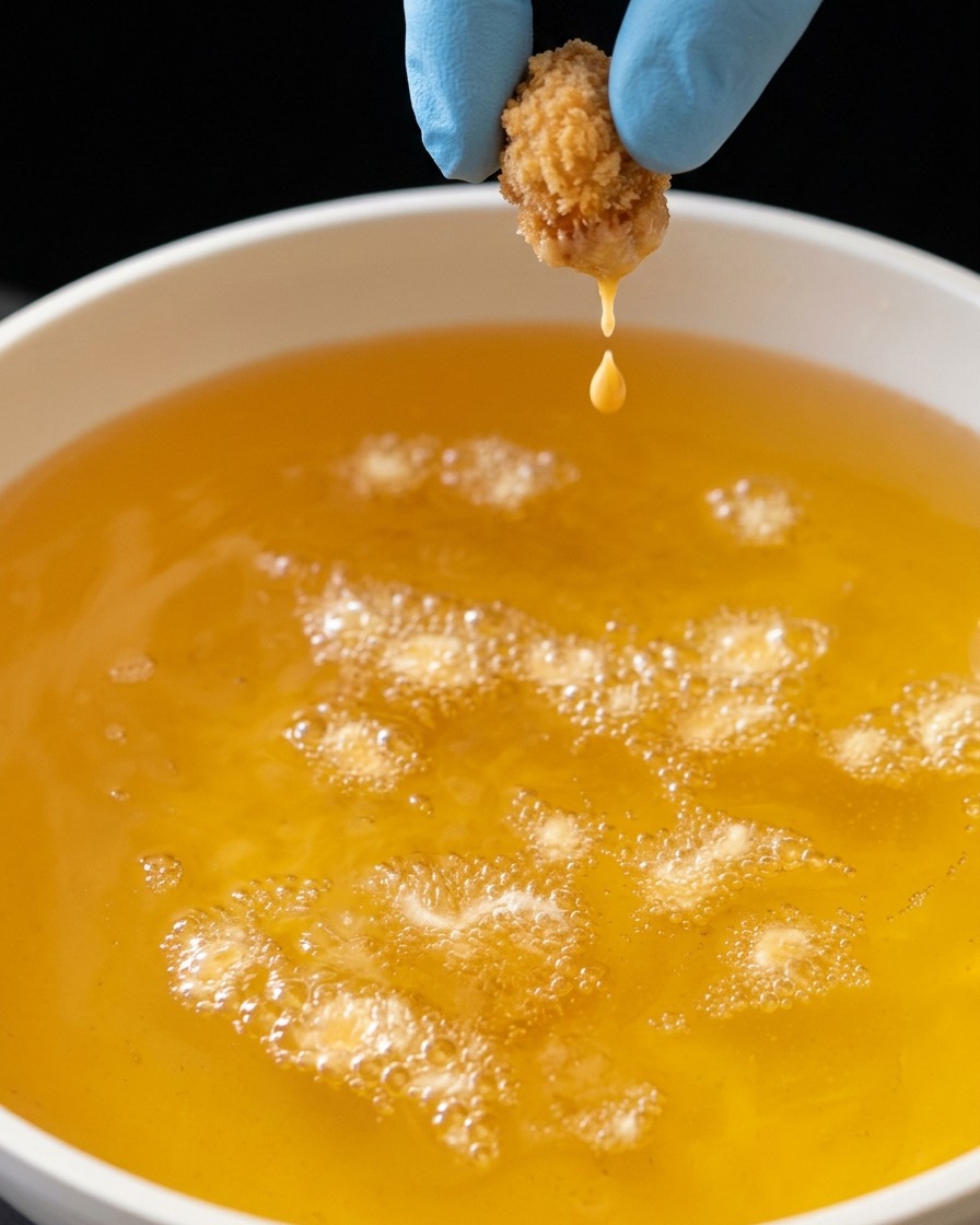 Pezzetti di pastella che friggono nellolio bollente creando una consistenza croccante dorata.