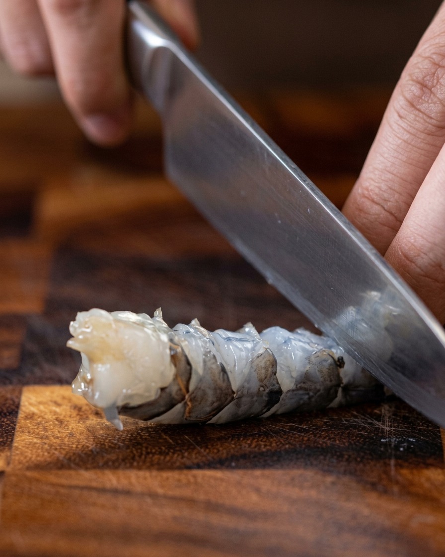 Un gambero sgusciato che viene pulito dal budello su un tagliere di legno.