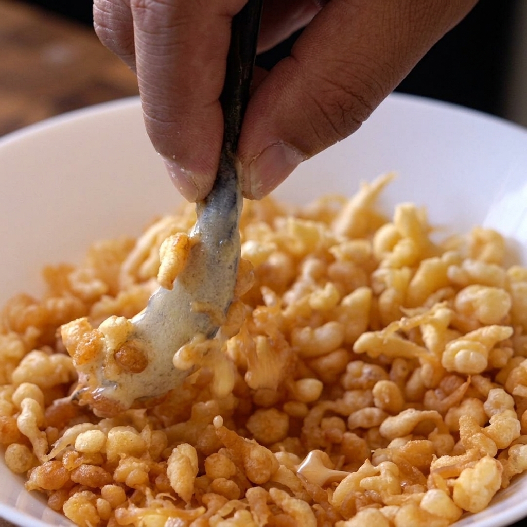 Un gambero ricoperto di pastella che viene rotolato nei pezzetti di tempura croccanti.