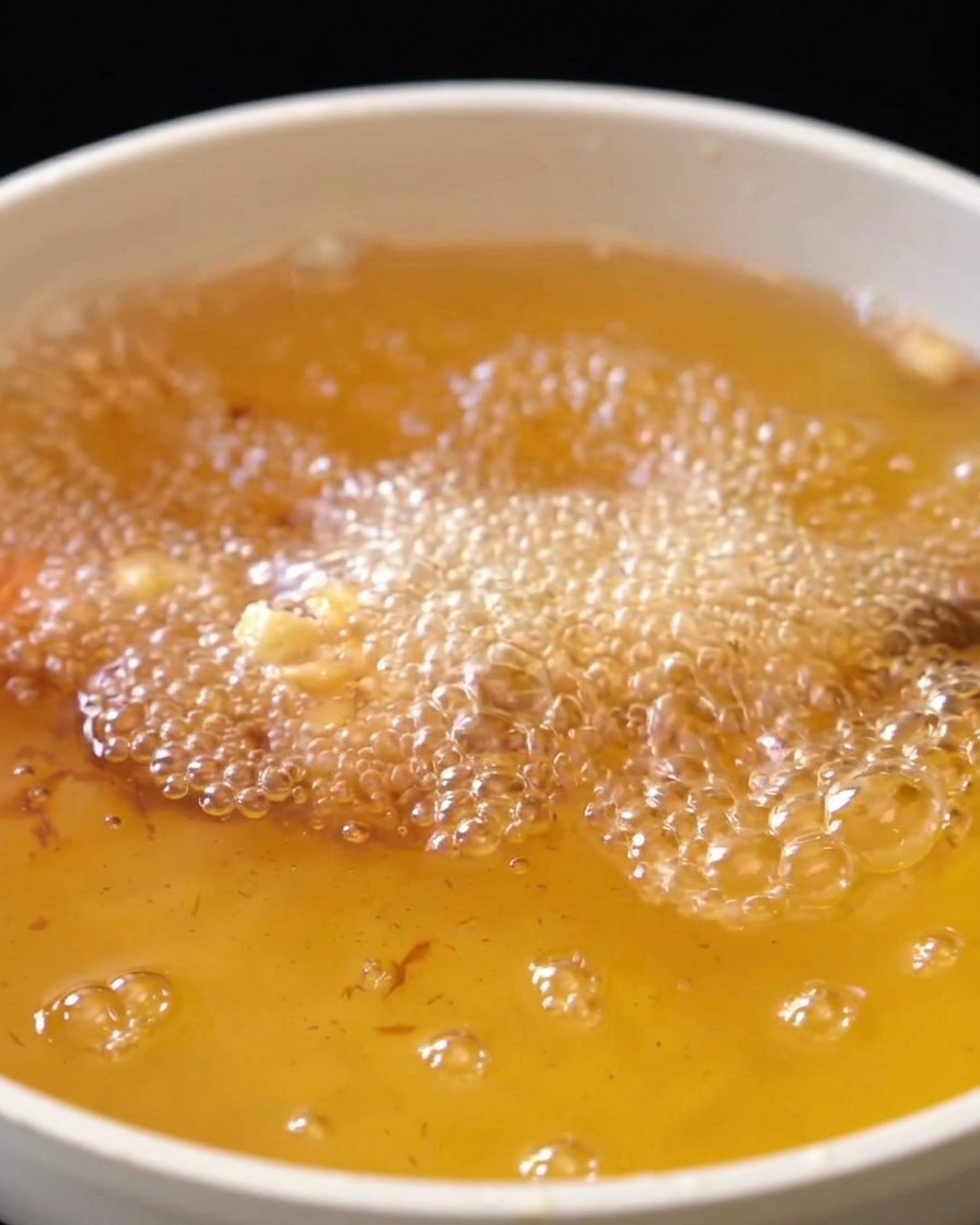 Gamberi ricoperti di pastella che friggono nellolio bollente circondati da bollicine.