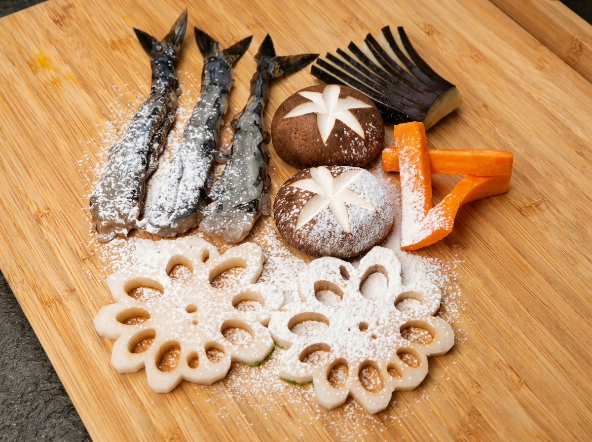 Un gambero crudo inciso sulla pancia e pressato piatto su un tagliere di legno.