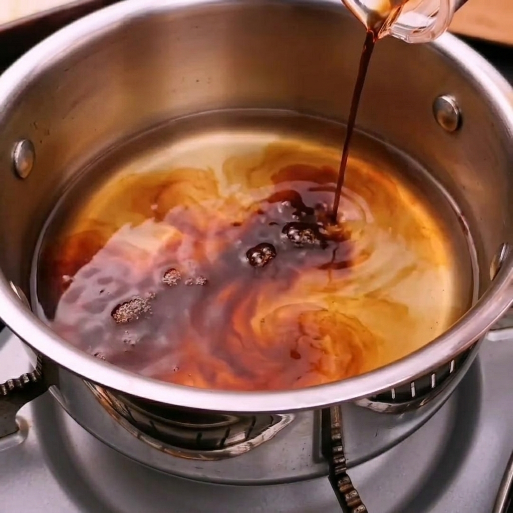 Salsa di soia scura versata in un pentolino contenente brodo dashi sul fornello.
