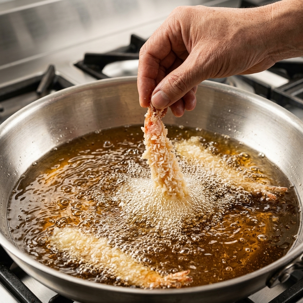 Una mano che immerge un pezzo di gambero in pastella in una padella con olio caldo.