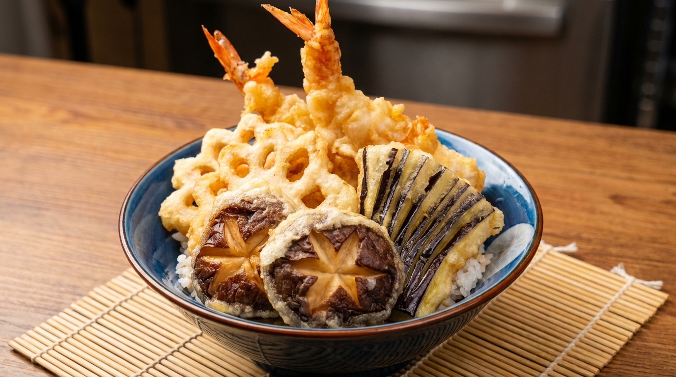Ciotola di riso giapponese con tempura (Tendon)