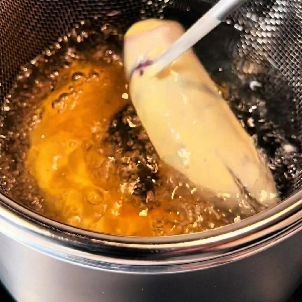 Pezzi di tempura pastellati che friggono in olio caldo e sfrigolante allinterno di una pentola in acciaio inossidabile.