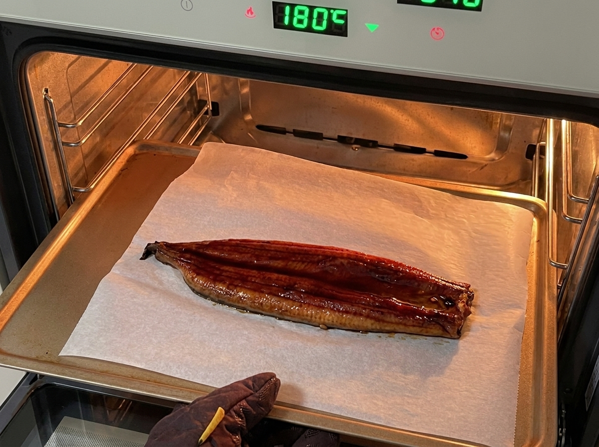Un filetto di unagi glassato su carta da forno in un forno a 180°C.