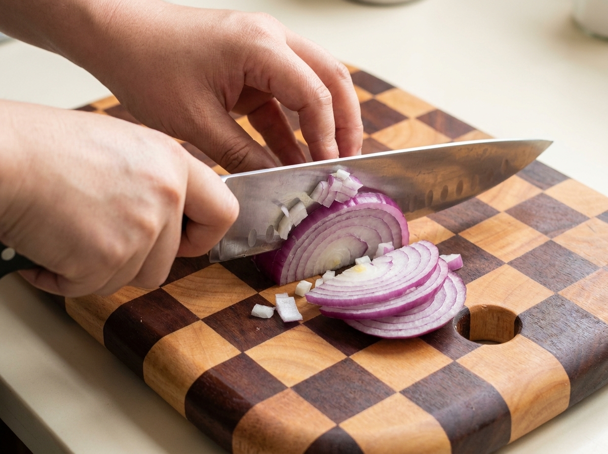Una mano usa un coltello da chef per tritare una cipolla rossa su un tagliere di legno.