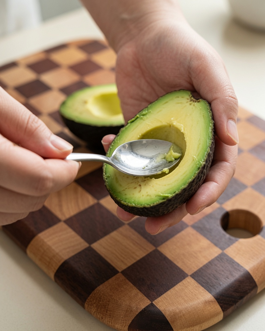 Un cucchiaio che scava la polpa da mezzo avocado.