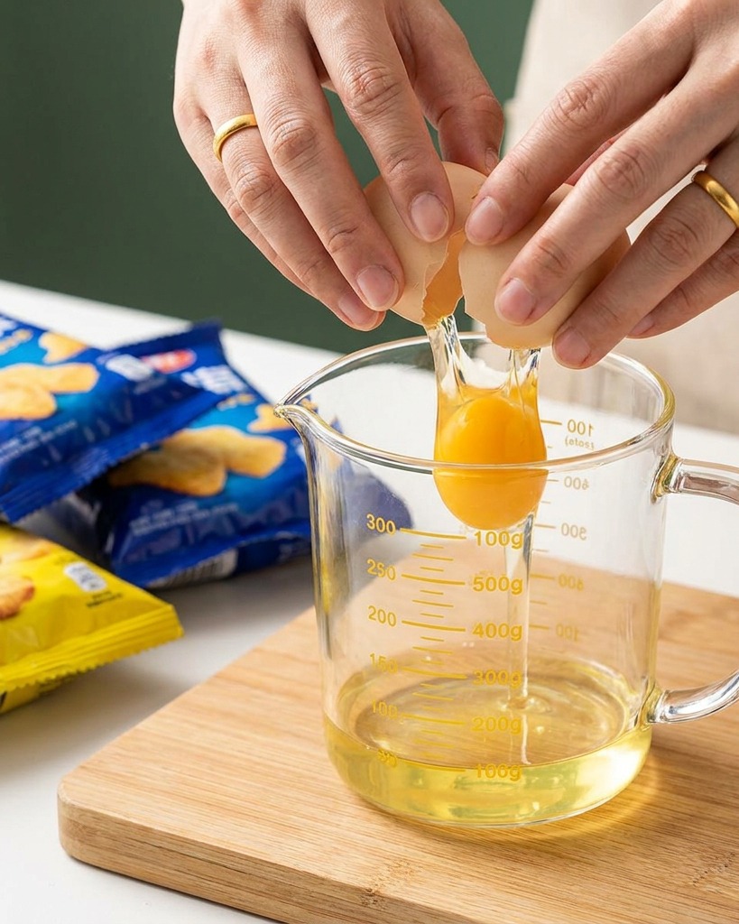 Uova sgusciate in un misurino con un goccio di latte, pronte per essere sbattute.