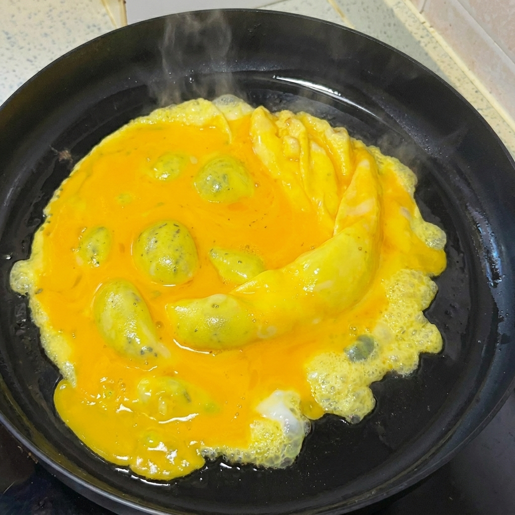 Uova strapazzate delicatamente in padella usando una spatola di legno.