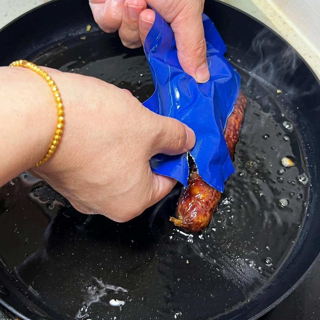 Filetti di anguilla grigliata posizionati in padella sopra le uova cotte.