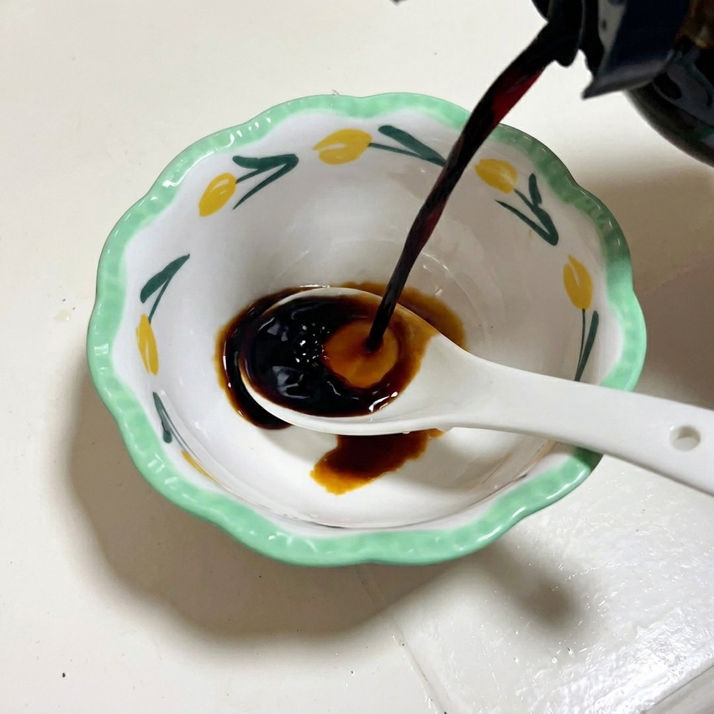 Una miscela di salsa di soia e condimenti mescolata in una piccola ciotola decorata con un cucchiaio.