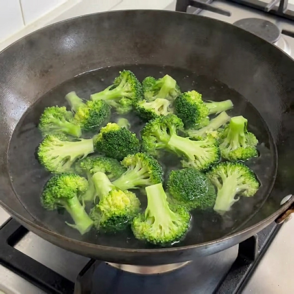 Cimette di broccoli che bollono in una pentola dacqua.
