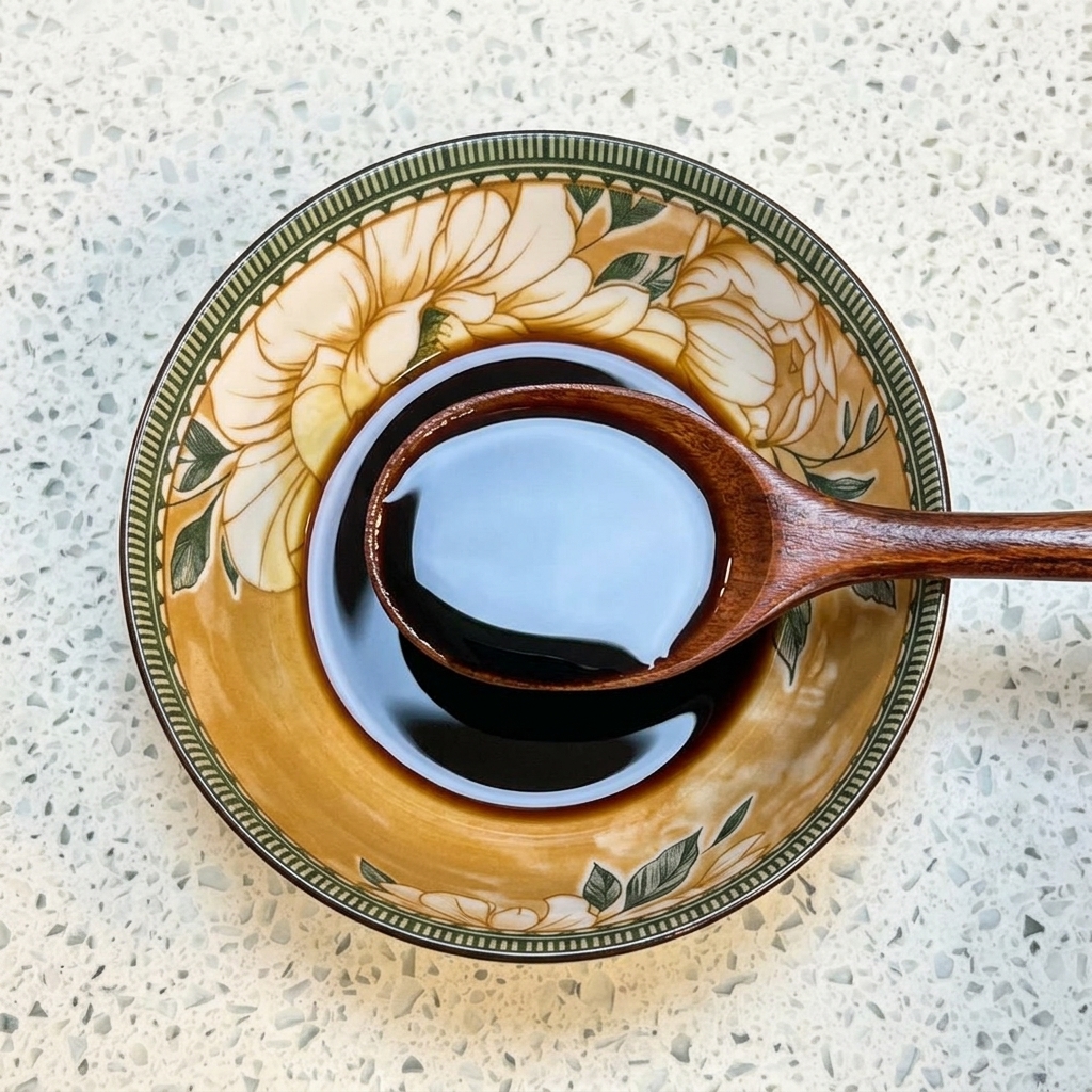 Un cucchiaio di legno mescola salsa di soia, salsa di soia scura, miele e acqua in una ciotola di ceramica decorata.