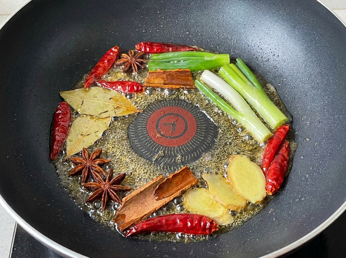 Un mix di cipollotti, peperoncini essiccati e spezie intere che soffriggono nellolio.