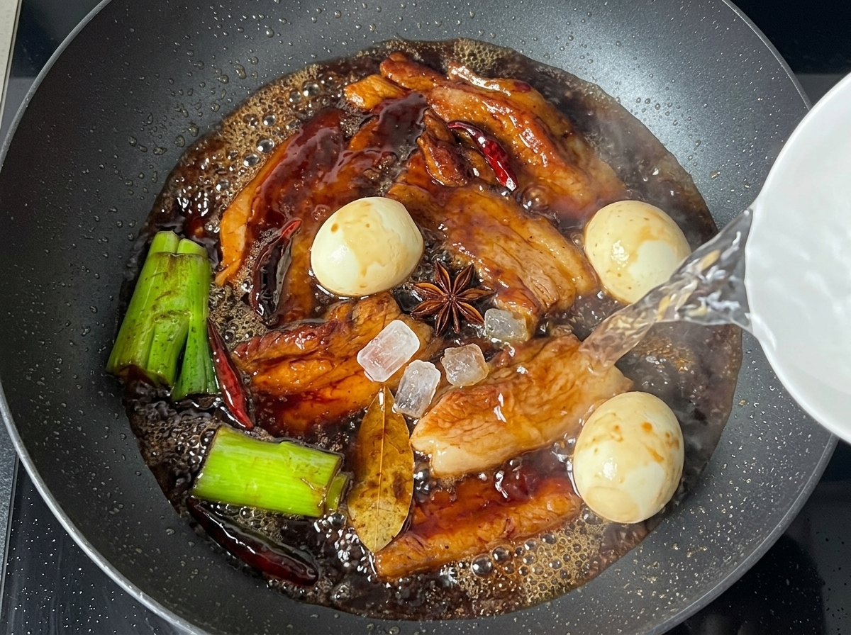 Una padella contenente pancetta, uova, spezie e acqua che sobbolle con zucchero candito.