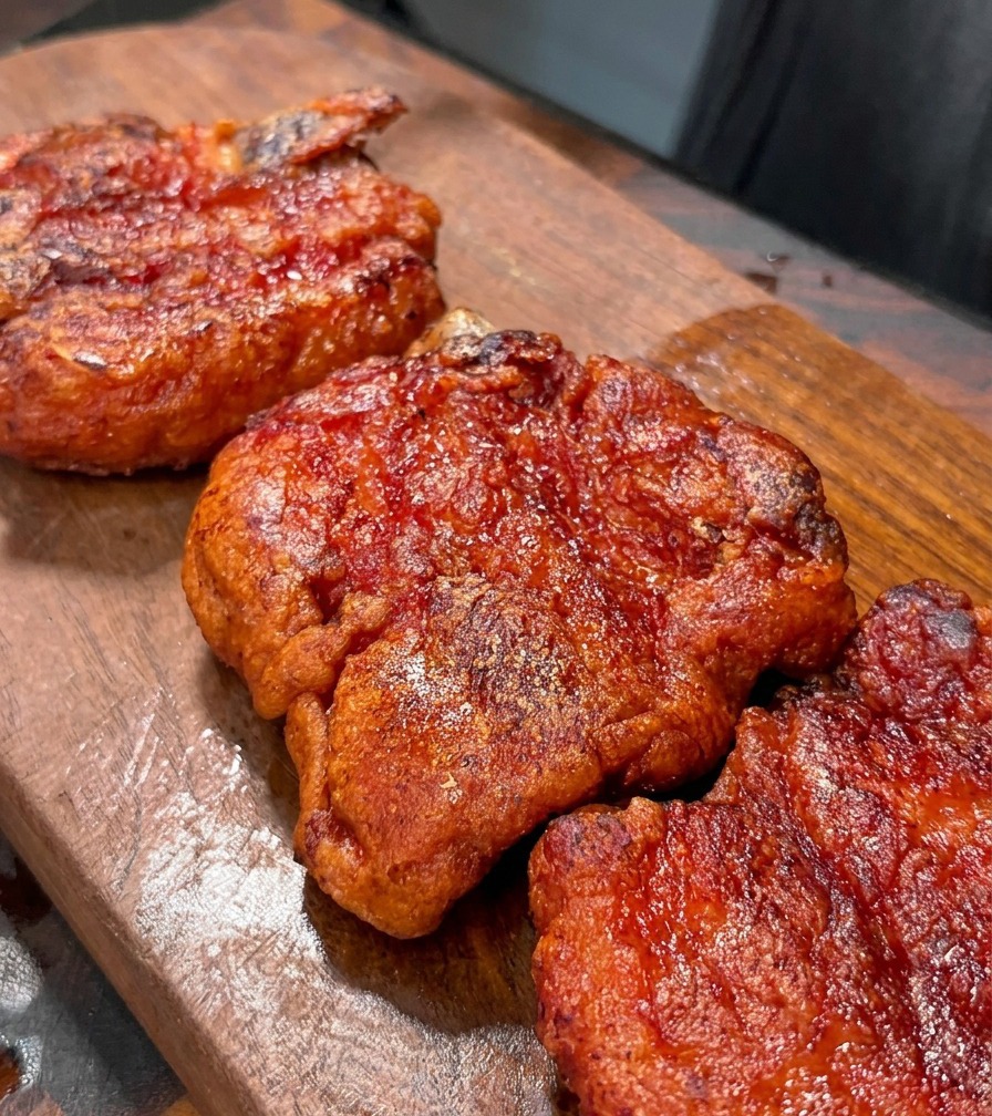 Strisce di pancetta croccante affettate su un tagliere di legno.