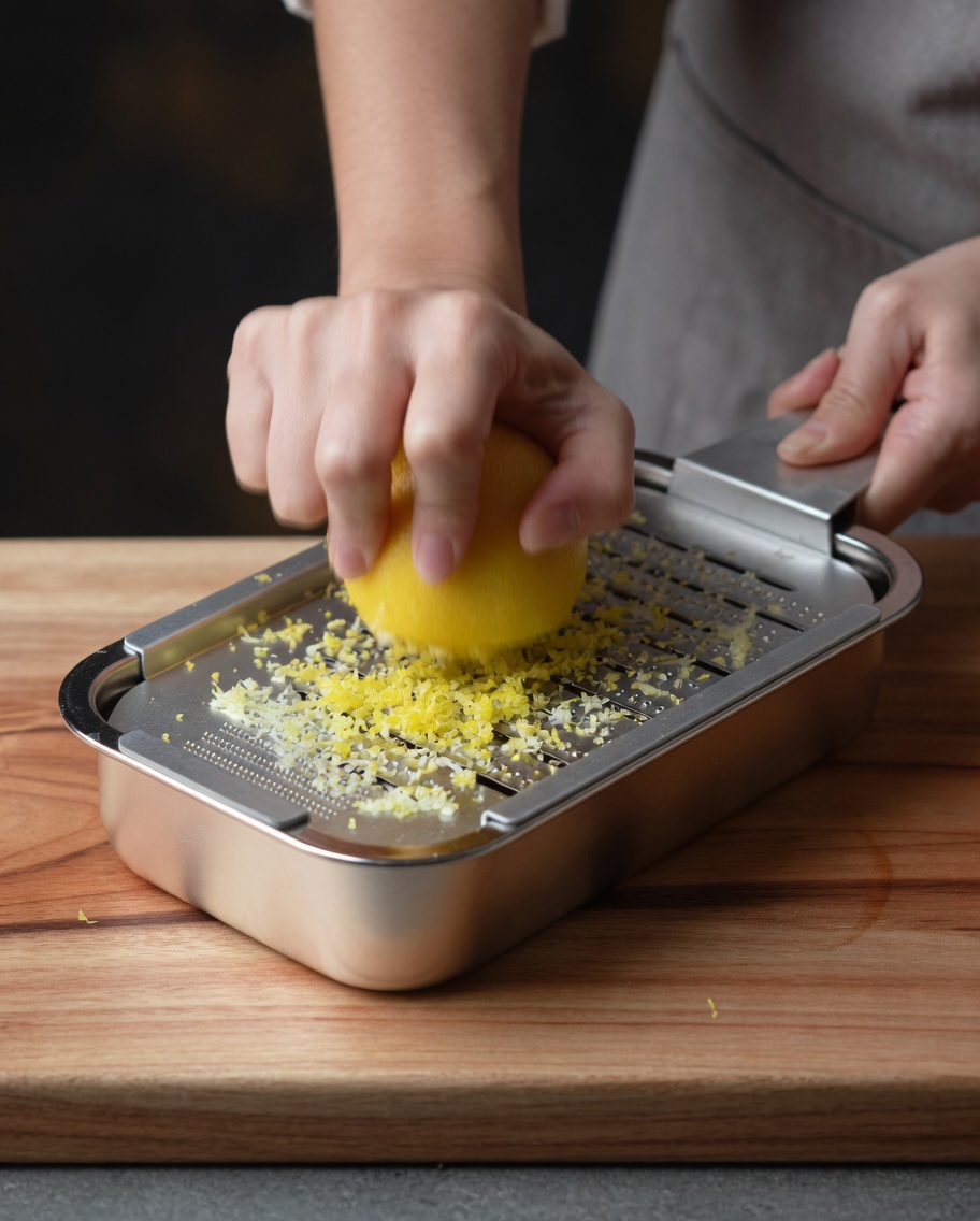Mani che grattugiano un limone fresco sopra un contenitore.
