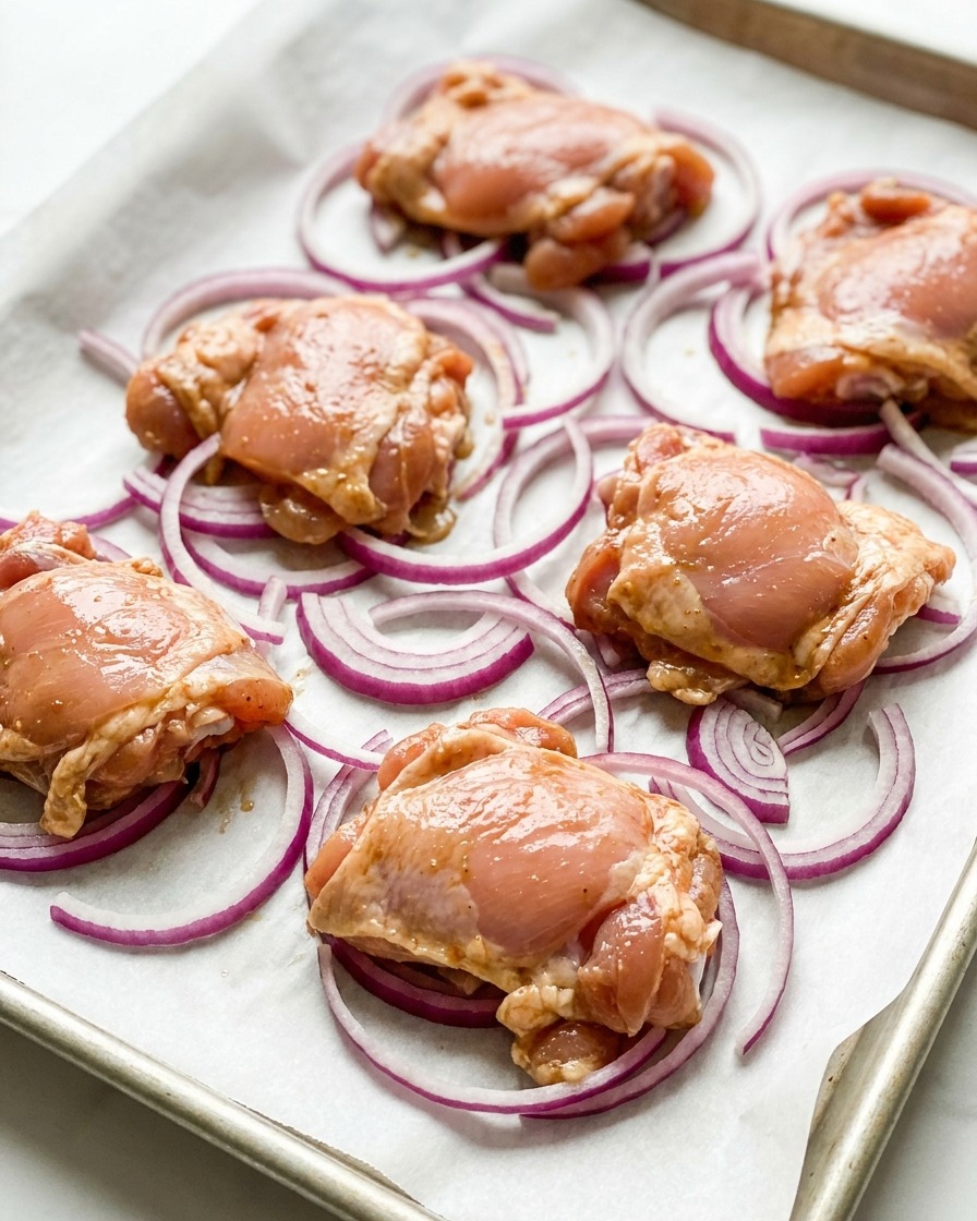 Cosce di pollo marinate disposte su una teglia foderata di carta forno sopra fette di cipolla rossa.