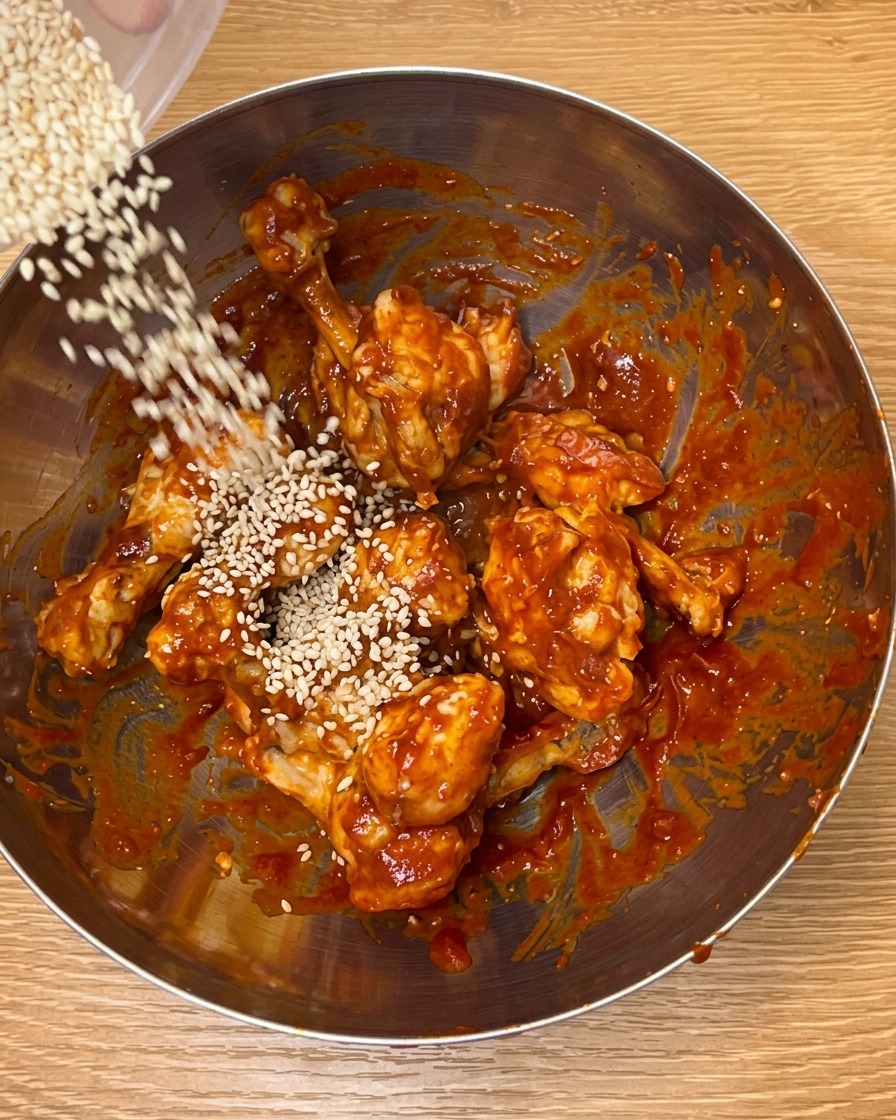 Semi di sesamo bianco tostati cosparsi sopra le cosce di pollo glassate in una ciotola.