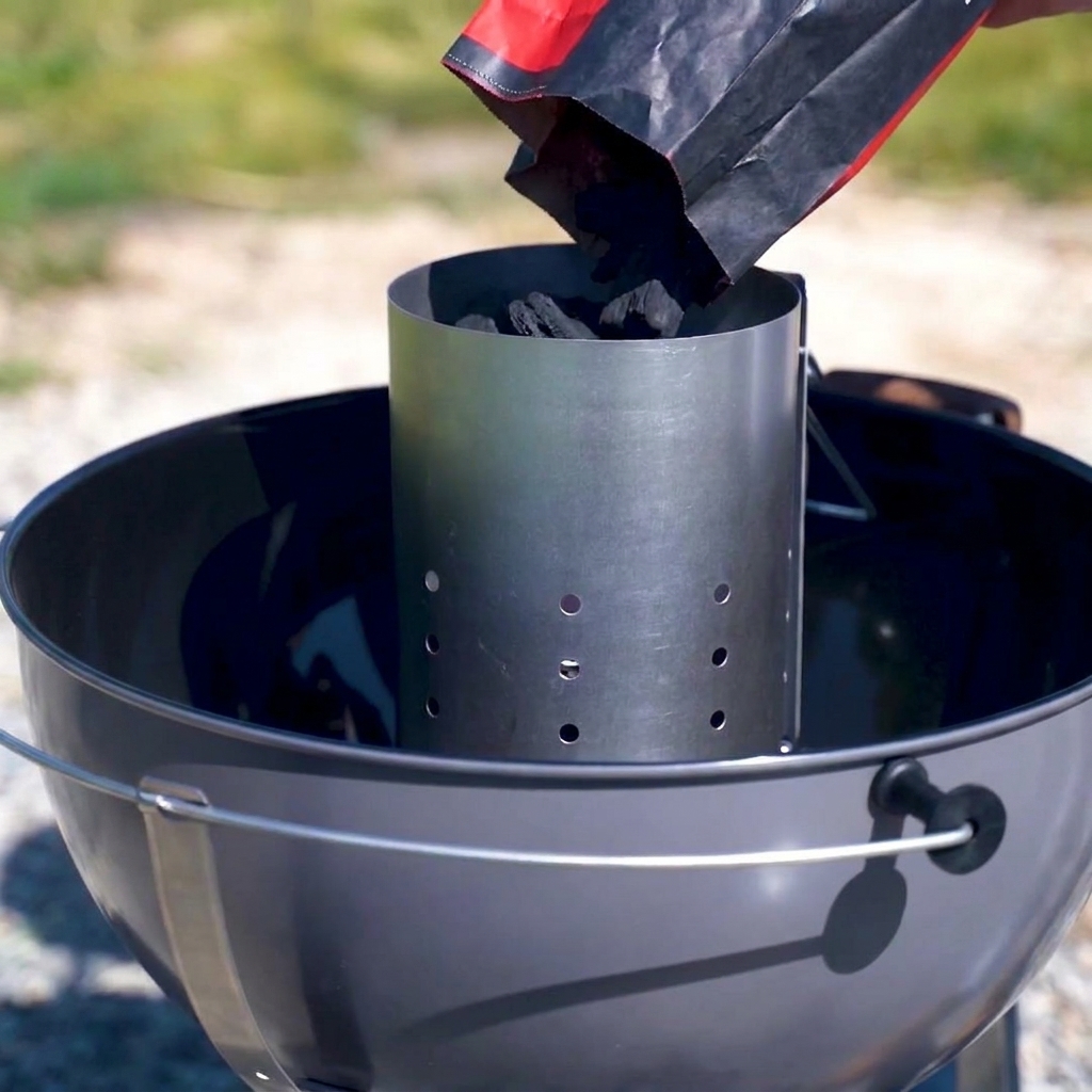 Bricchetti di carbone che riempiono una ciminiera di accensione in metallo, pronti per essere accesi.