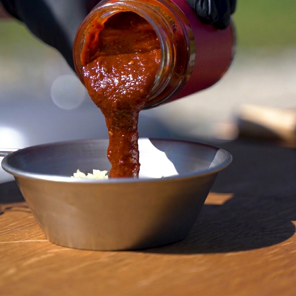 Un mix di ingredienti per la salsa al peperoncino coreana in una ciotola di metallo, pronto per essere mescolato.