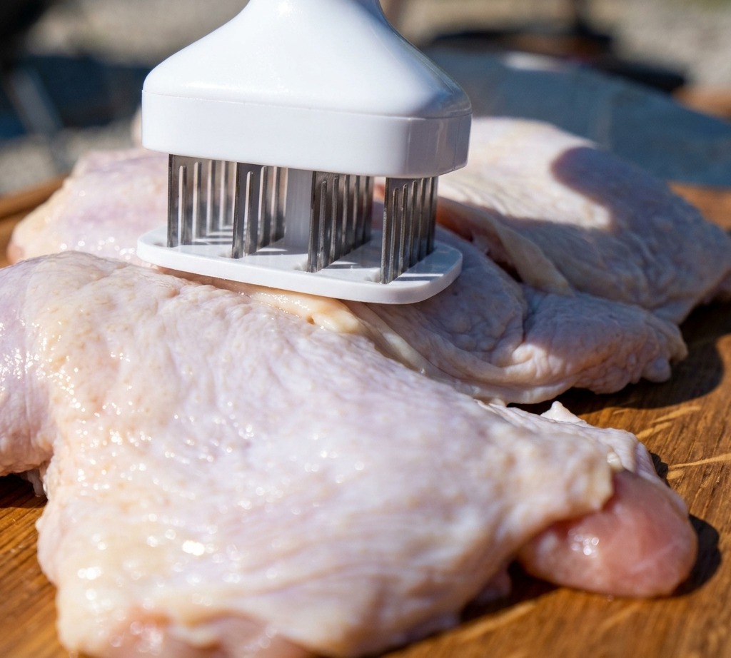 Cosce di pollo crude preparate con un batticarne su un tagliere di legno.
