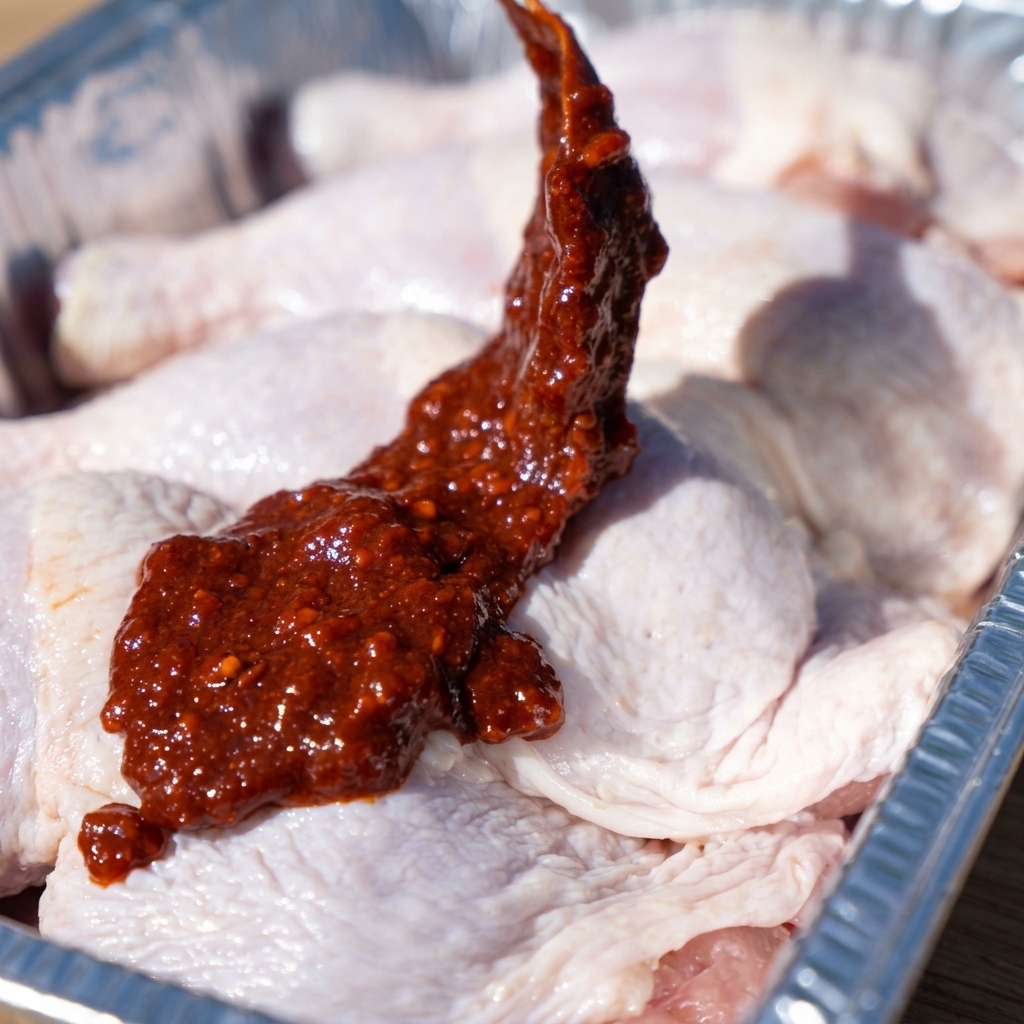 Cosce di pollo in una teglia di alluminio ricoperte con una vibrante salsa rossa al peperoncino coreano.