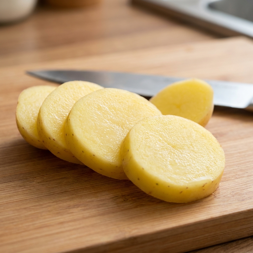 Fette di patate tagliate uniformemente che riposano su un tagliere di legno accanto a un coltello.