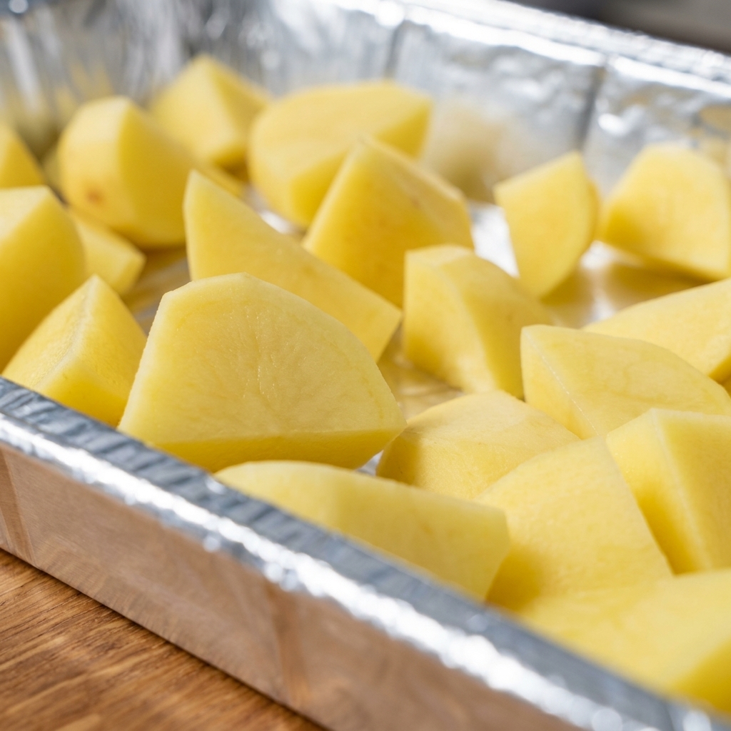 Uno strato di base di patate a pezzi e cavolo fresco disposto in una teglia di alluminio.