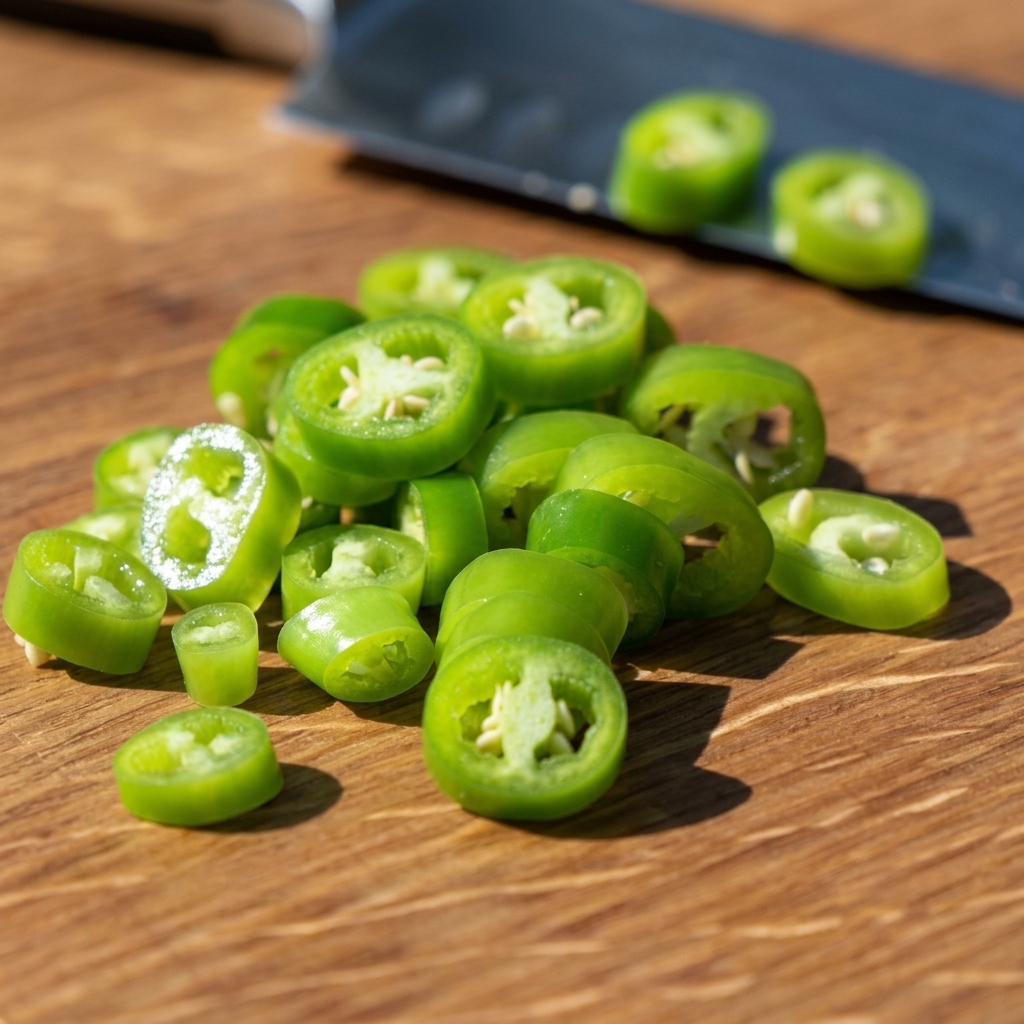 Fette di peperoncino verde sparse su un letto di patate e cavolo a pezzi in una teglia di alluminio.