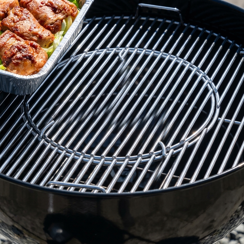 Una griglia vuota pronta per la teglia in alluminio con pollo e verdure.